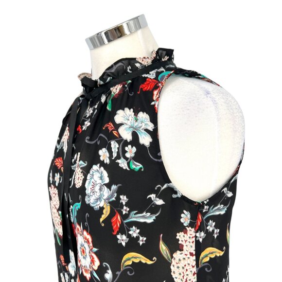 Violet & Claire Black Floral Print Sleeveless Blouse Ruffle Neck Size Small - Picture 4 of 12